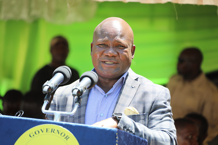 Kakamega Governor Fernandes Barasa speaking during a public participation forum at St Kizito Lusimu Primary School, Bunyala West ward in Navakholo constituency on October 13,2023