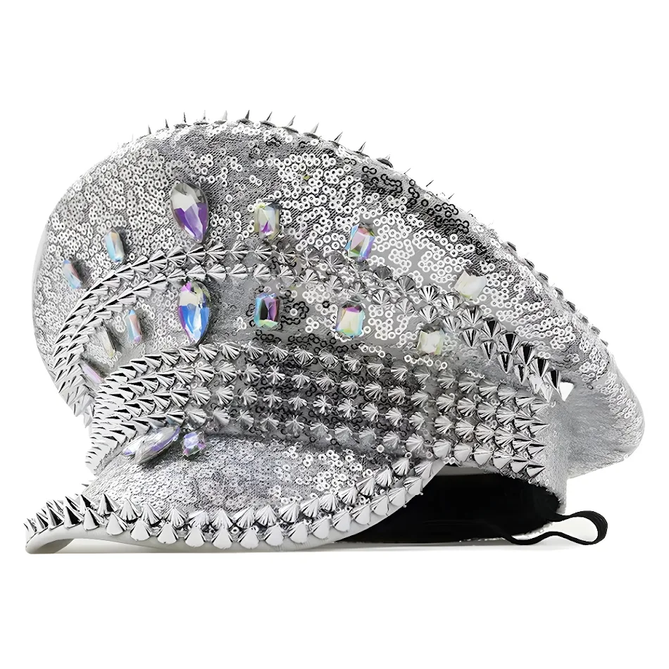 Europese en Amerikaanse fashion punk dames party hoed met strass, diamanten en klinknagels, one size fits all, ideaal voor export en feesten.