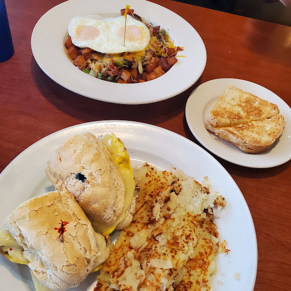 Potato breakfast bowl, breakfast sandwich on hogie roll with hashbrowns (all GF)