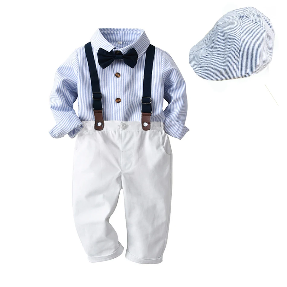 Boys' Spring And Autumn New Striped Shirt Hat Pants Match Suit. Comfortable and stylish outfit for boys. Perfect for eve