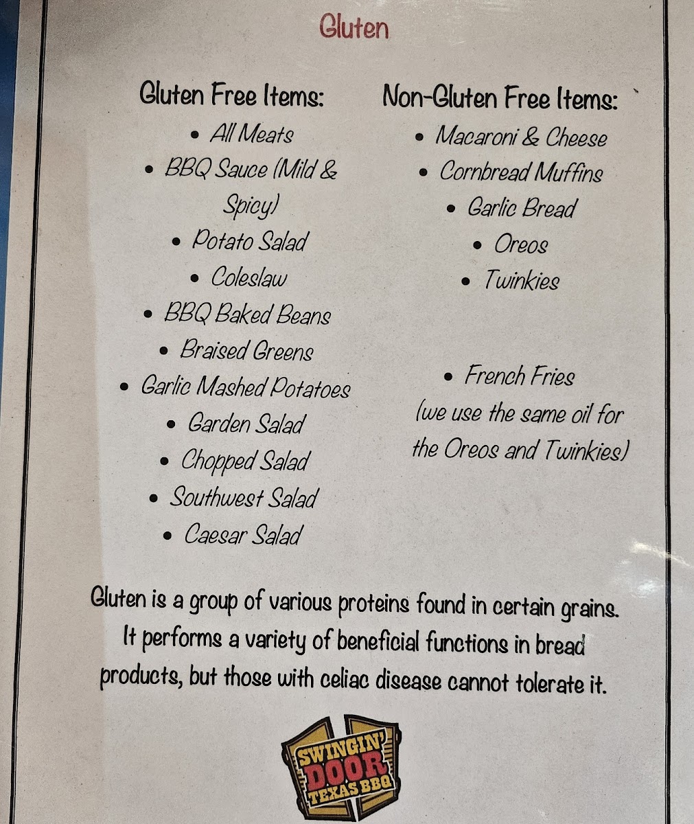 GF Menu Options with safety advisory of fryers