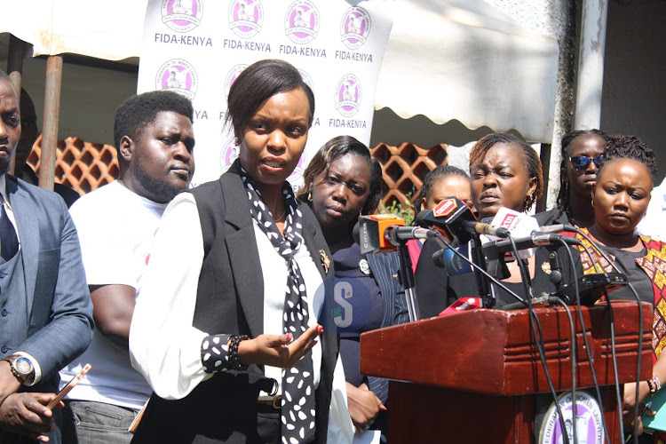 FIDA-Kenya Executive Director, Anne Ireri addresses the media during a press conference concerning the rising cases of femicide in the country at their offices, Lavington on January 16, 2023