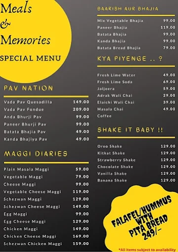 Meals & Memories menu 