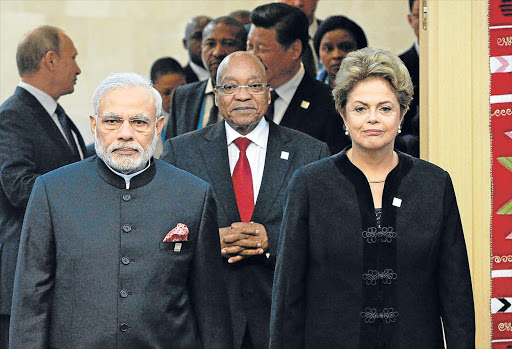 MEETING OF LEADERS: Indian Prime Minister Narendra Modi, left, Brazilian President Dilma Rousseff, right, and President Jacob Zuma, centre, at a Brics leaders’ meeting in Ufa, the capital of Bashkortostan republic, Russia Picture: EPA