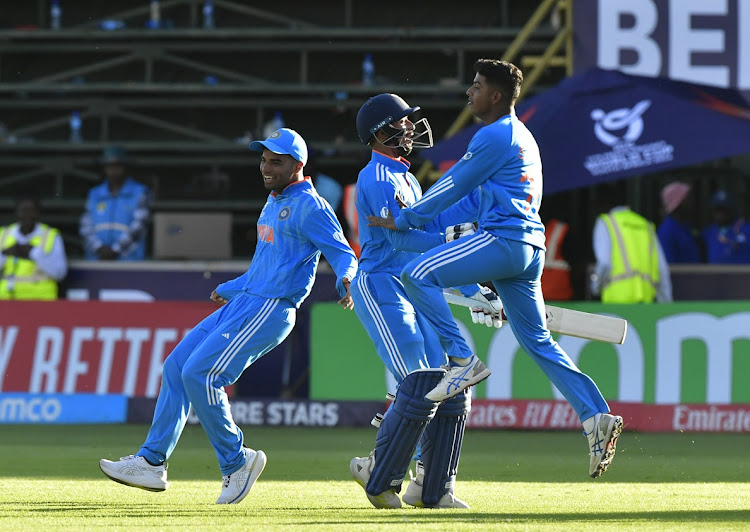 Indian players celebrate their victory over Junior Proteas in the 2024 ICC Under-19 World Cup semifinal at Willowmoore Park in Benoni on Tuesday.