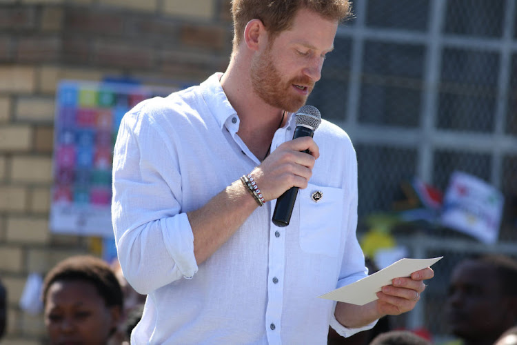 Prince Harry, Duke of Sussex, speaks out against gender-based violence during a visit to The Justice Desk in Nyanga, Cape Town, in Monday.