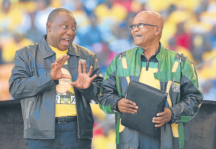 Former president Jacob Zuma and president Cyril Ramaphosa, at the ANC Siyanqoba rally at the FNB Stadium in Soweto