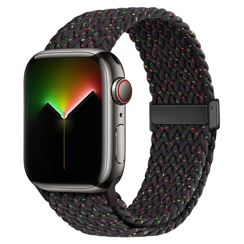 Regenboog nylon geweven horlogeband met elastische schuifsluiting, universeel en comfortabel voor elke pols.