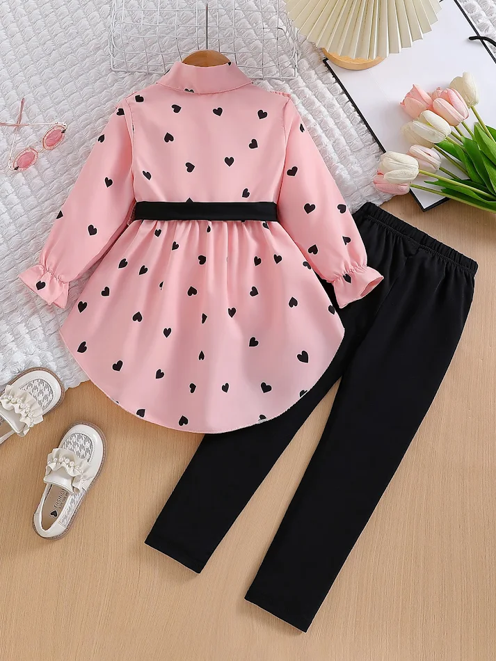 Mädchenmode Langarm Hemd mit Gürtel Leggings Anzug Stilvolles Set für Mädchen Bequem und trendy für Schule oder Freizeit Ein vielseitiges Outfit