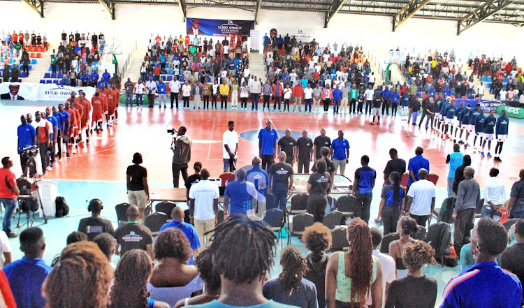 The line up by Equity Dumas and Nairobi City Thunder ahead of their final match of the Eliud Owalo tournament at Ulinzi Sports Complex on May 12, 2024