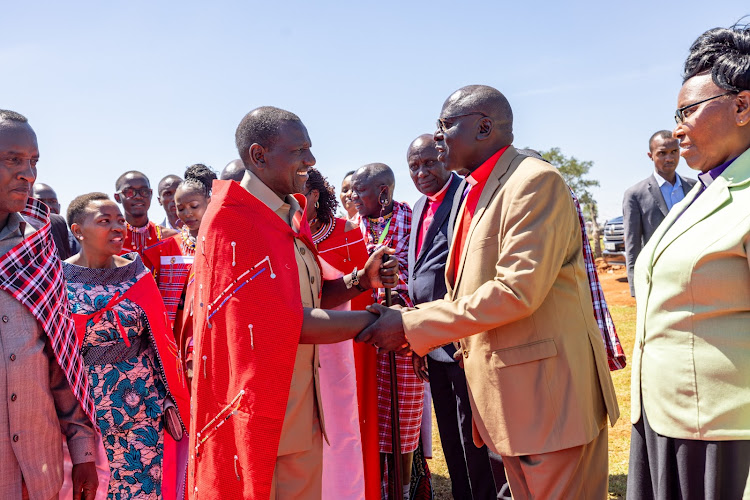 President William Ruto and First Lady Rachel Ruto arrive for the interdenominational thanks giving service for Tourism PS John Ololtua held in Ildolisho Village in Kilgoris, Narok County on March 17, 2024