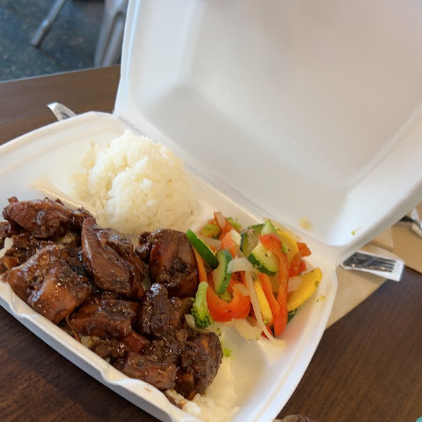 Huli huli chicken with veggies and musubi