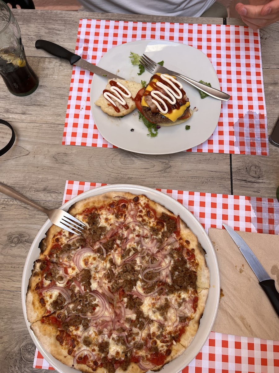 Bacon burger and a "chef's pizza"