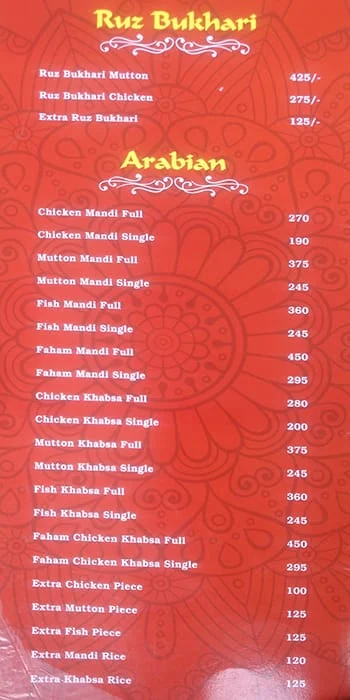 Zafar's Fine Dine menu 