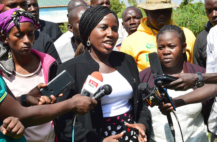 Dr. Beatrice Inyangala the running mate to Cleophas Malala in the Kakamega gubernatorial race addressing the press in Malava on Friday