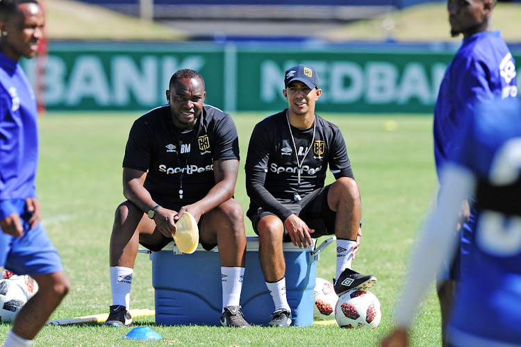 Benni McCarthy, head coach of Cape Town City and his assistant Rayaan Jacobs during the 2019 Nedbank Cup media day for Cape Town City at Hartleyvale in Cape Town on 13 February 2019.