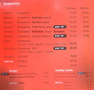 Arbeek Shawarma's and More menu 