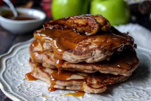 apple pie pancakes w/ caramel bourbon glaze