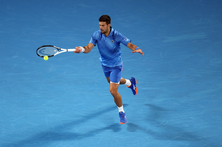 Serbia's Novak Djokovic in action during his second round match against France's Enzo Couacaud at the Australian Open at Melbourne Park on January 19 2023.