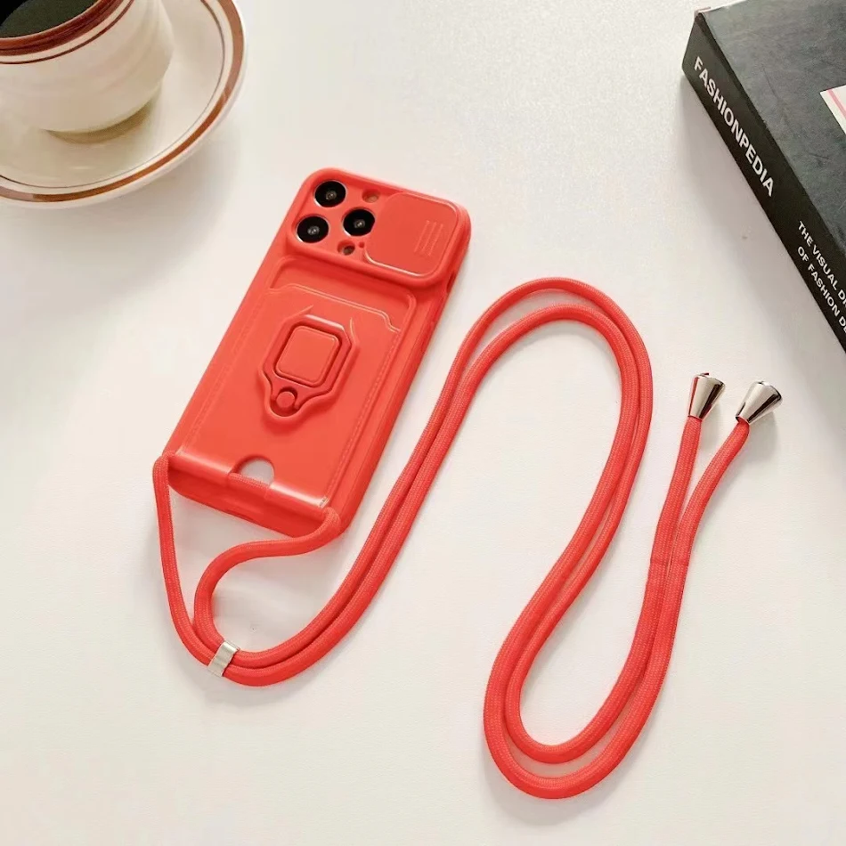Capa para celular com alça diagonal, suporte de cartão, anel e janela push. Mantenha seu telefone seguro, acessível e elegante.