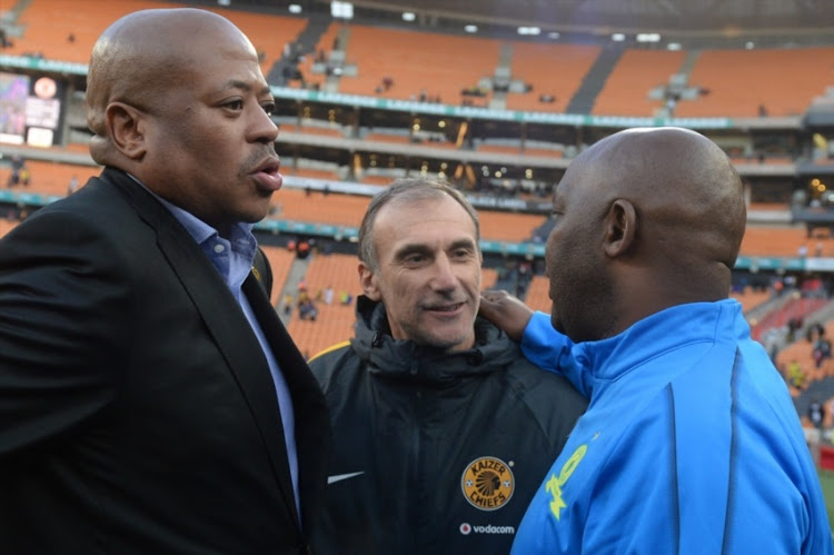 Bobby Motaung, Kaizer Chiefs coach Giovanni Solinas and Sundowns coach Pitso Mosimane during the Shell Helix Ultra Cup match between Kaizer Chiefs and Mamelodi Sundowns at FNB Stadium on July 21, 2018 in Johannesburg, South Africa.