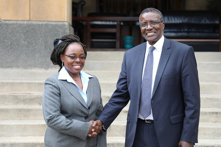 New Controller of Budget Margaret Nyakang'o with Chief Justice David Maraga at the Supreme Court on Wednesday, December 4, 2019.