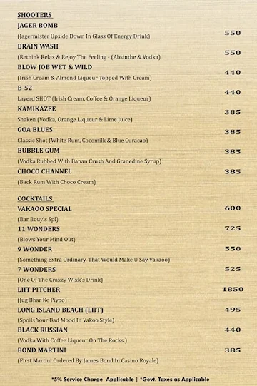 Vakaoo Rest-O-Bar & Lounge menu 