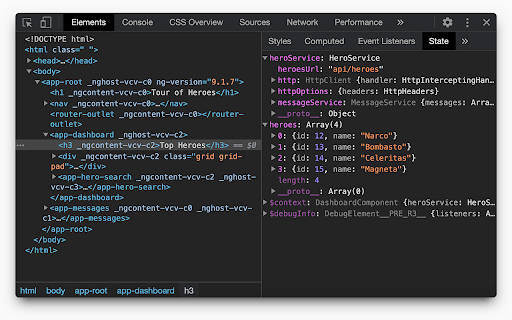Overview <head>..</head> <router-outlet y<app-dashboard _nghost-vcv-c2> _ngcontent-vev-c2 class=grid _ngcontent-vcv-c2 </app-dashboard> ><app-messages </app-root> “api/heroes HttpInterceptingHan... >httpOptions: HttpHeaders} messageService: {messages: Celeritas} Magneta} {heroService: 