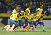 Mamelodi Sundowns celebrate winning penalty to beat Young Africans 3-2 during their Champions League quarterfinal at Loftus on Friday.  