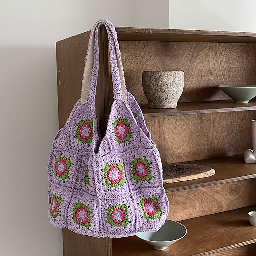 Title 1, Net Red Ins Hand-woven Bag with Flower Stitchin...