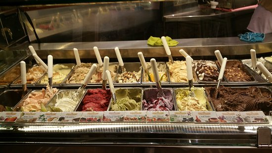 A photo of the different flavours of Gelato in a shop