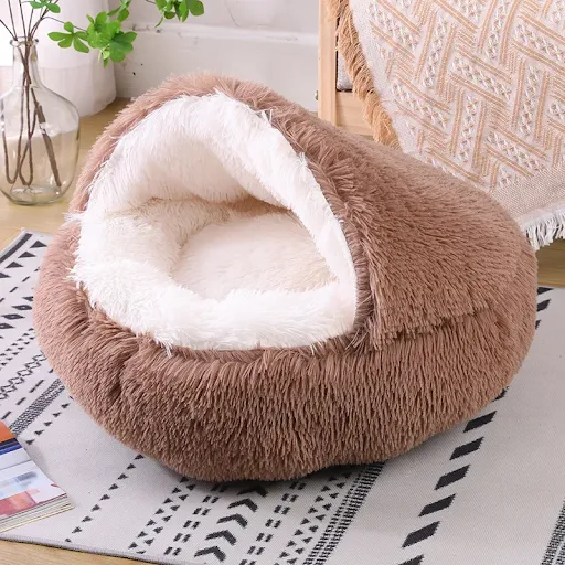 Snooze Cat Bed Round Plush Fluffy Hooded Cozy Cat Bed Cave for Indoor Donut Self Warming Small Dog Bed Anti-anxiety Pupp