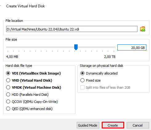 Ajustes para crear un disco duro virtual en VirtualBox