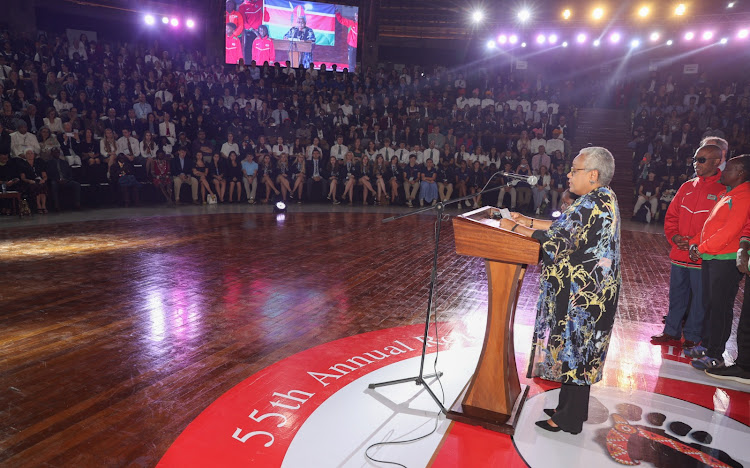 Former First Lady Margaret Kenyatta speaking during the opening of the 55thAnnual Round Square International Conference (RSIC) at the Bomas of Kenya Auditorium, Nairobi on October 9, 2023.