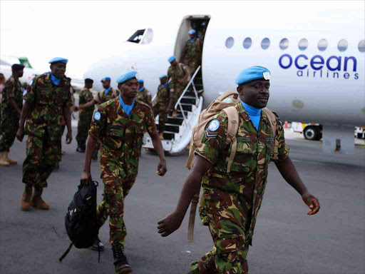 The first 100 batch of KDF troops from the UN peacekeeping mission in South Sudan arrive at JKIA on November 9, 2016. The President ordered them to withdraw in response to the sacking by UN of the Kenyan commander of the UNMISS force Lieutenant General Johnson Mogoa Kimani Ondieki. Photo/Jack Owuor