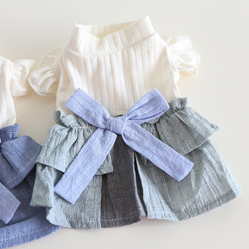 Title 3, Cotton Linen Denim Blue Flounced Sleeve Skirt P...