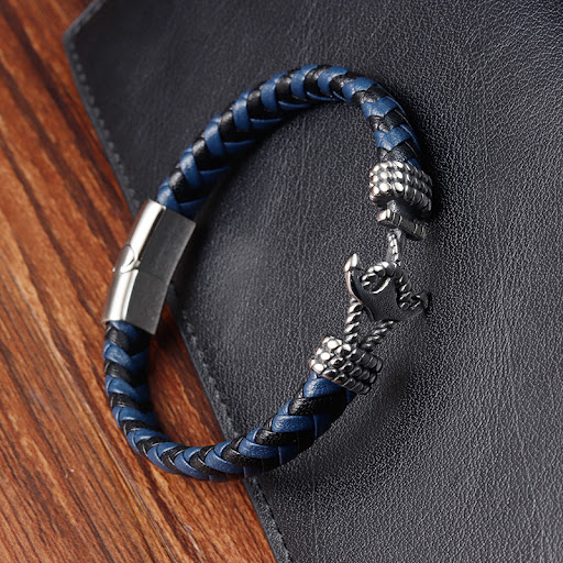 Title 3, Mens Titanium Steel Bracelet with Leather Brai...