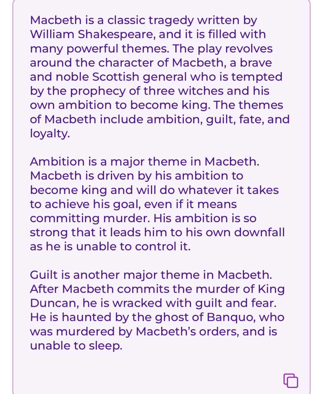 ParagraphAI's output for an article on Macbeth.