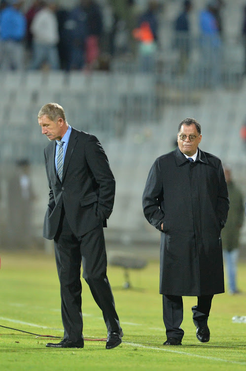 Bafana Bafana head coach Stuart Baxter and the South African FA President Danny Jordaan during the International friendly match between South Africa and Zambia at Moruleng Stadium on June 13, 2017 Moruleng, South Africa.