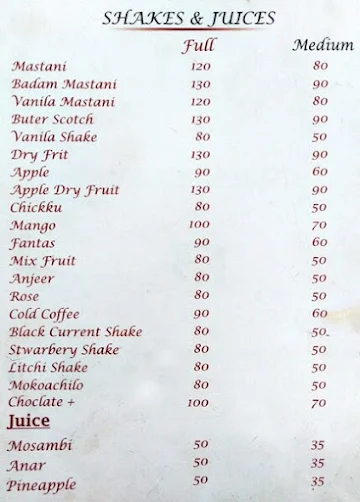 Rasraj Juice & Snack Centre menu 