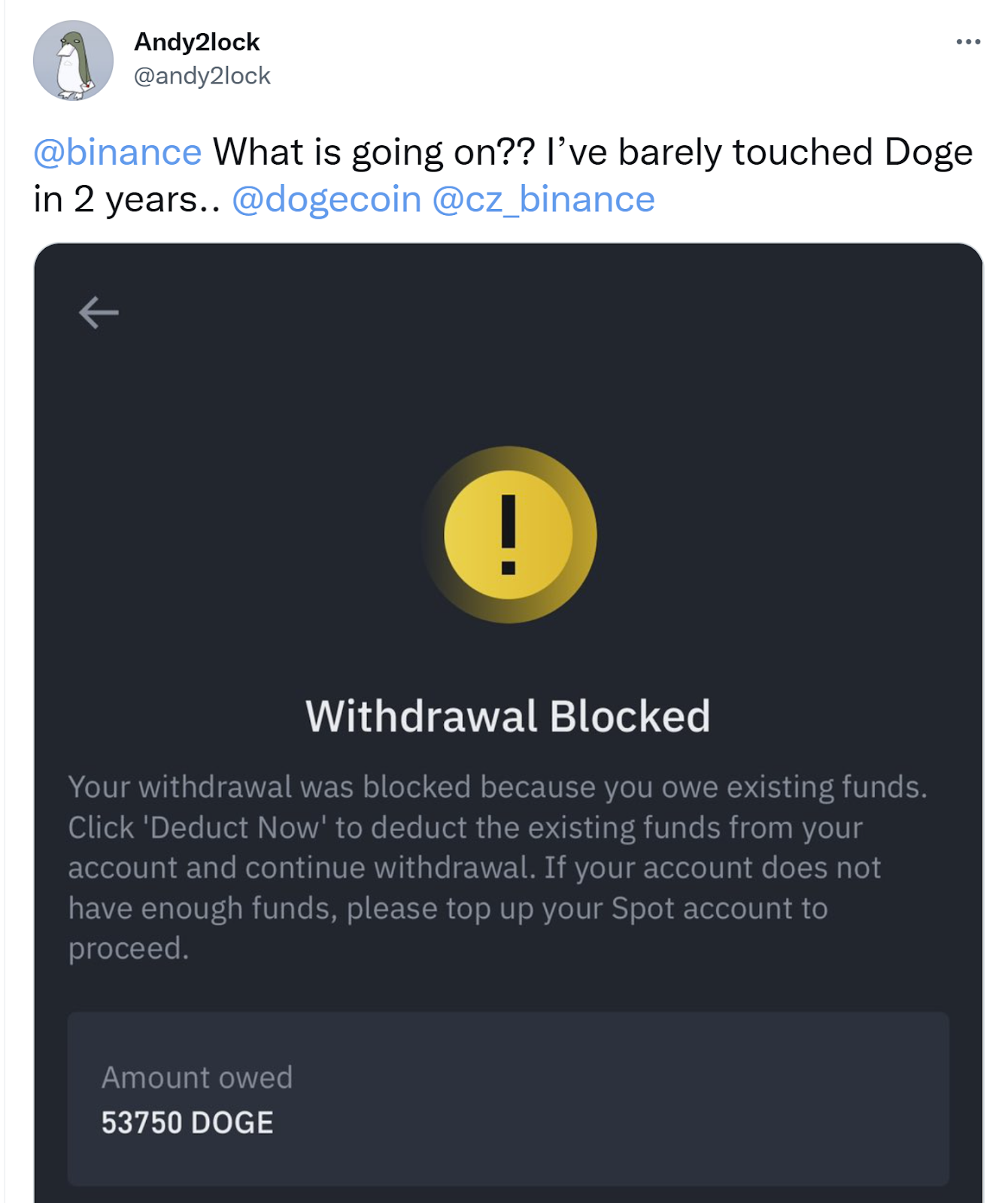 Image of Twitter post depicting a withdrawal notification from Binance