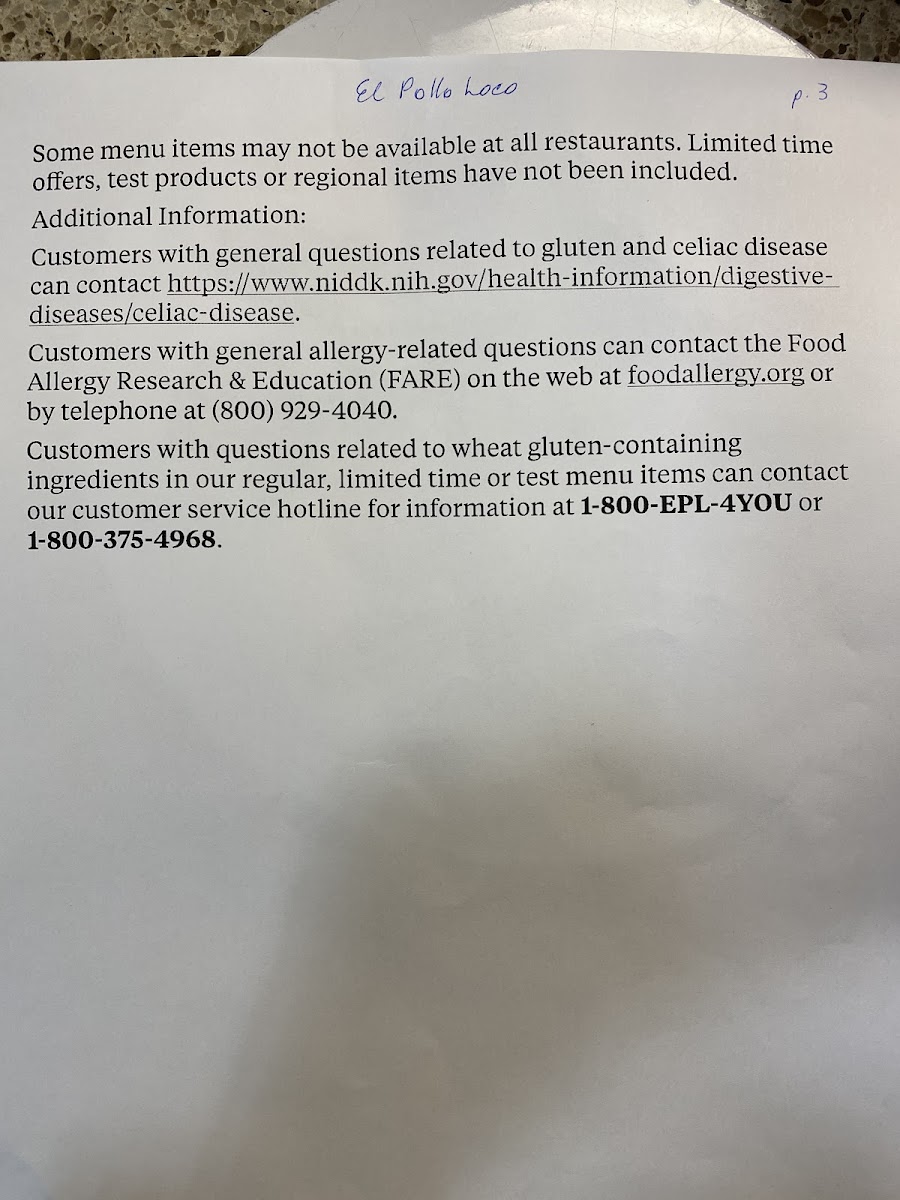 El Pollo Loco gluten-free menu