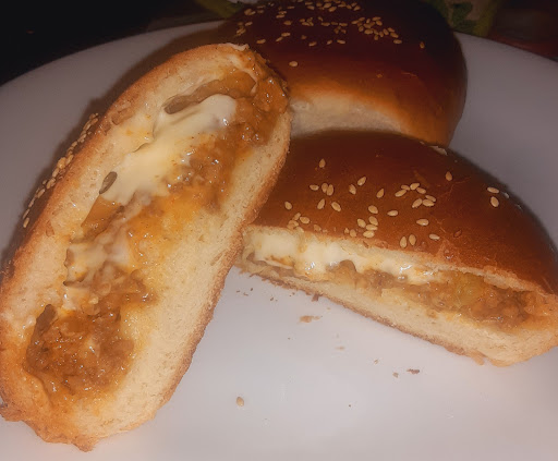 The inside of a finished Cheeseburger Stuffed Bun