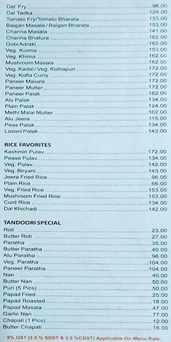 Lalit Mahal menu 