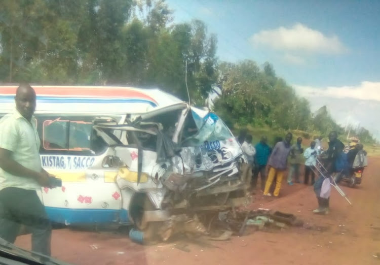 The scene where six people perished in a grisly road accident that in­volved a matatu and a lorry near Katuju area along the Bondo–K­isumu Highway.