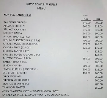 Xotic Bowls N Rolls menu 