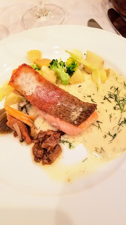 Pan fried trout with dill cream and pickled mushrooms. I loved the crispy skin contrast with the delicate fish, and the dill cream with the acidity of the pickled mushrooms. A 2017 Carl Loewen Alte Reben Riesling brought a surprising sweet yet mineral backbone wine pairing. Restaurant Krebsegaarden in Copenhagen