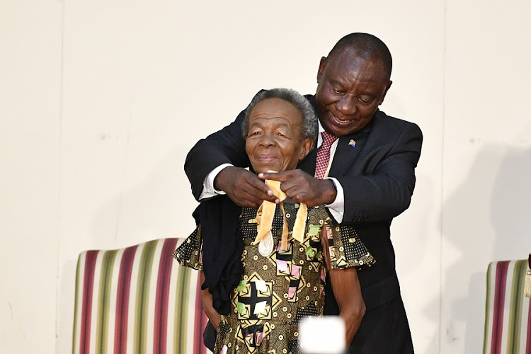 FILE IMAGE: Veteran actress Mary Twala receiving the Order of Ikhamanga from President Cyril Ramaphosa