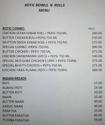 Xotic Bowls N Rolls menu 