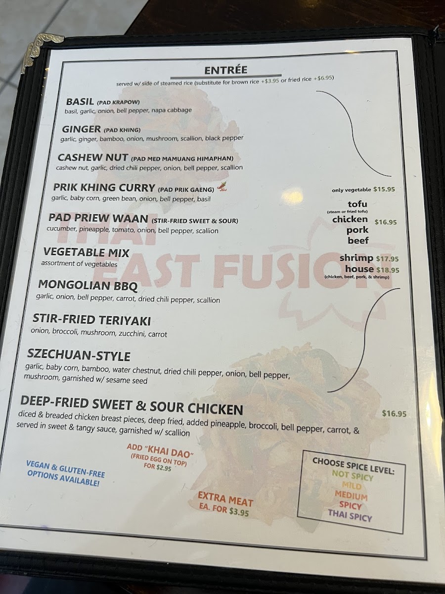 THAI EAST FUSION gluten-free menu